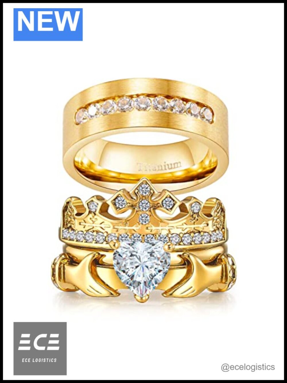 Titanium Wedding Ring Set His Hers Claddagh Heart CZ Yellow Gold Plated